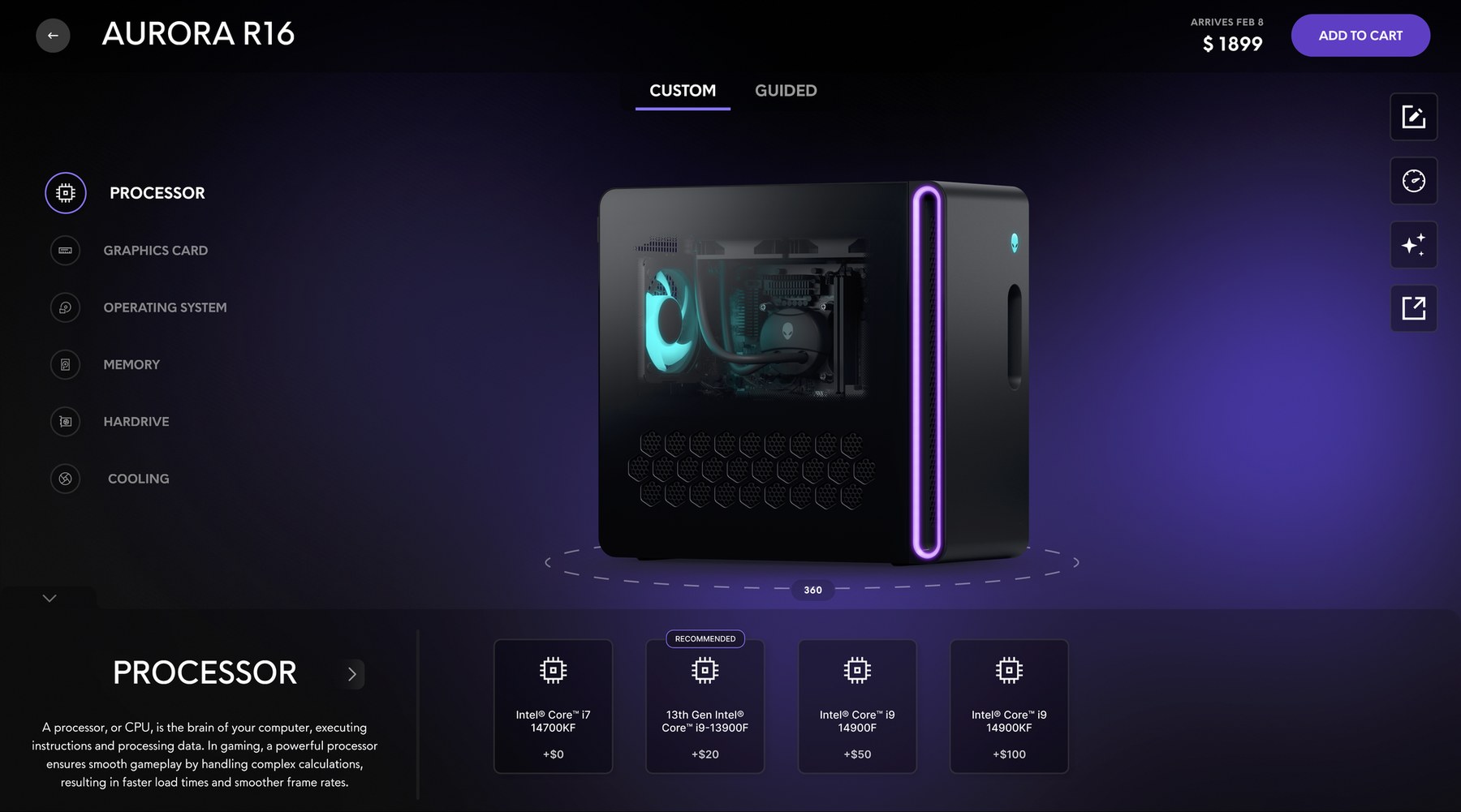 Dynamic 3D configurator for the Aurora R16 in Custom mode: a component list on the left with Processor selected, a 3D render of the desktop at centre with a 360-degree control, and processor options with price differences along the bottom.