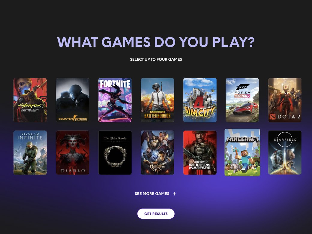 Help Me Choose concept screen asking What games do you play? above a grid of fourteen game covers, including Cyberpunk 2077, Fortnite, Forza Horizon 5, Minecraft and Starfield, with a Get Results button below.