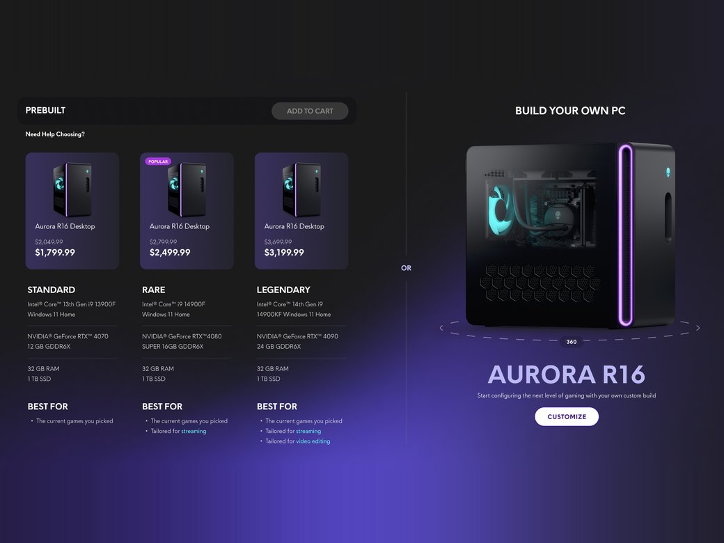 Help Me Choose results screen: three prebuilt Aurora R16 tiers, Standard, Rare and Legendary, each with price, key specs and what it's best for, beside an option to build your own PC with a Customize button.