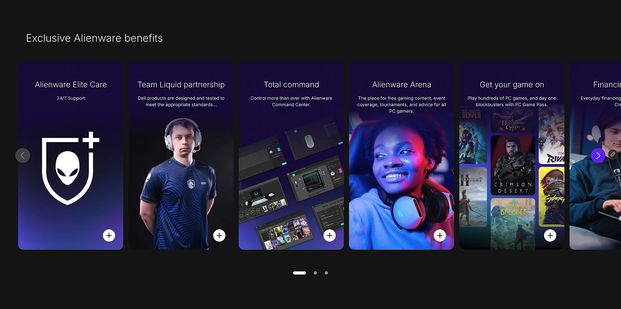 Exclusive Alienware benefits carousel with cards for Alienware Elite Care 24/7 support, the Team Liquid partnership featuring a pro player, Alienware Command Center, Alienware Arena, and PC Game Pass.