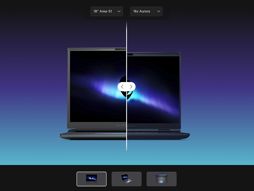 Redesigned Compare Section: the Alienware 18-inch Area-51 and 16x Aurora laptops shown overlapping, split by a draggable before-and-after slider, with model dropdowns above and view thumbnails below.