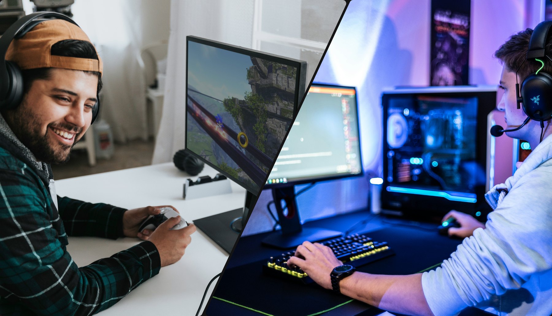 Split image of two gamers: on the left, a smiling casual gamer plays a Sonic game with a controller in a bright room; on the right, a focused gamer in a headset plays on a keyboard beside a custom PC with blue lighting.