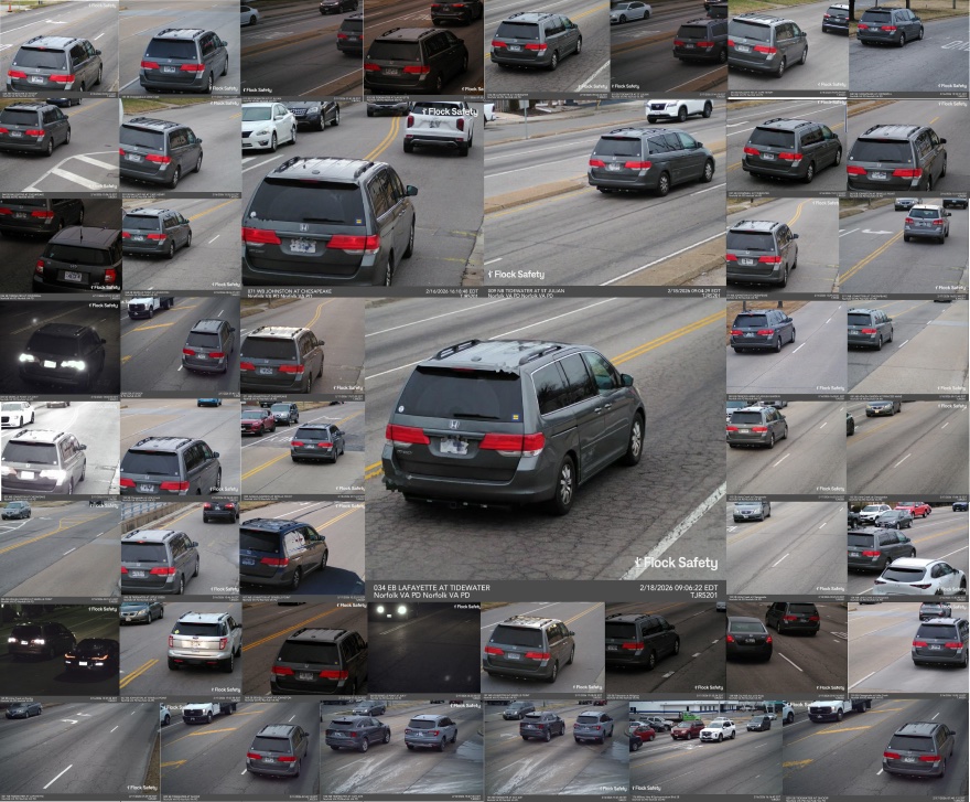 A grid of dozens of automatic license plate reader captures, each timestamped and labelled Flock Safety, tracking the same grey minivan across different roads and days.